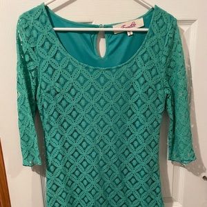 Crochet long sleeve shirt dress - aqua